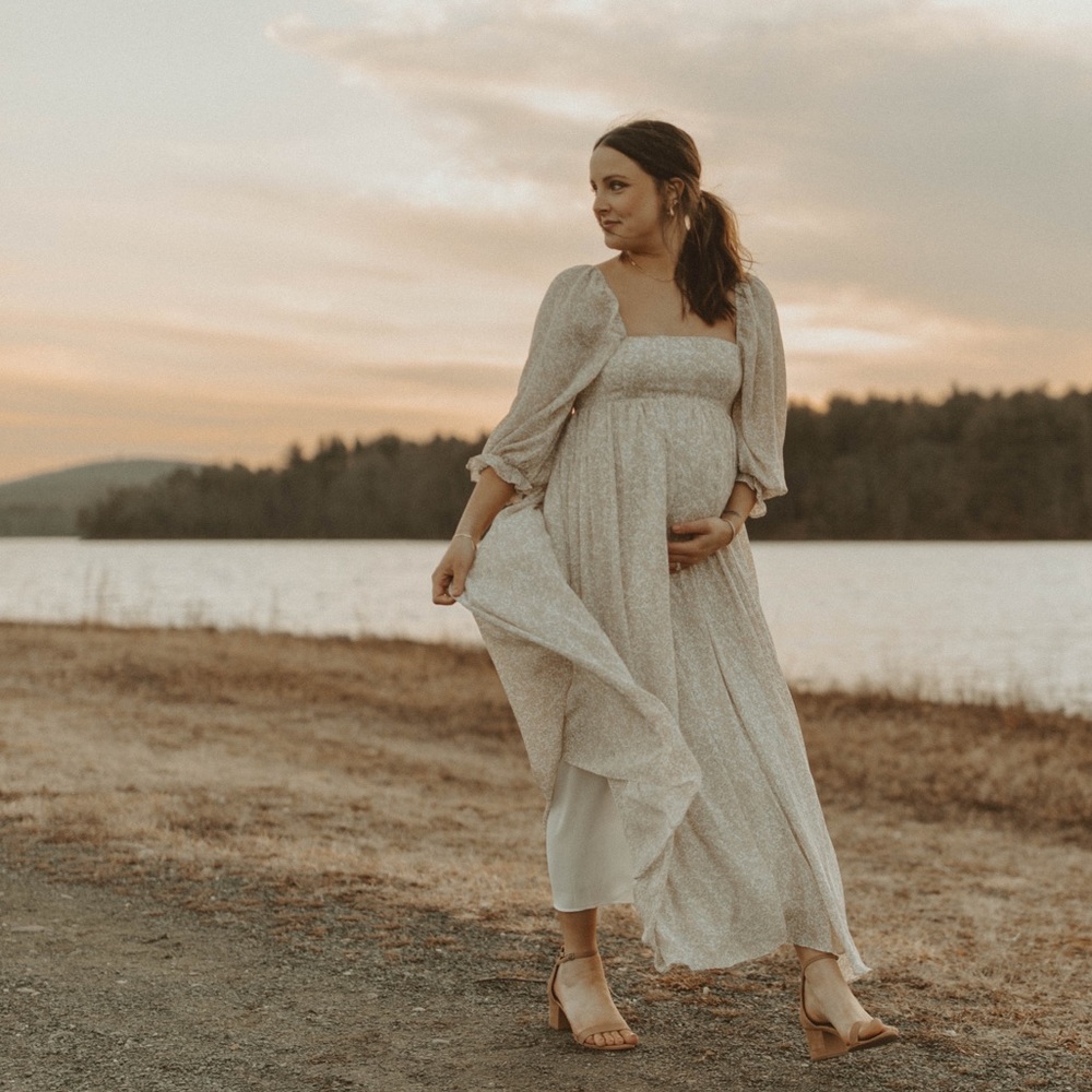 Beige Chiffon Printed Square Neck Empire Maternity Maxi Dress